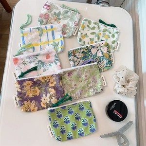 Floral Cotton Coin Purse Mini Canvas Zipper Storage Bag For Earphone Lipstick Small Square Pouch Fresh Pastoral Style