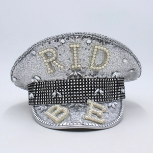 Silver Sequin Captain Hat Rhinestones Faux Artificial Pearl Bride Military Style Party Rave Festival Accessory For Women
