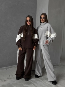 Women Polar Fleece Half Zip Sweatshirt And Wide Leg Pants Contrast Stitching Warm Cotton Blend Casual Loungewear