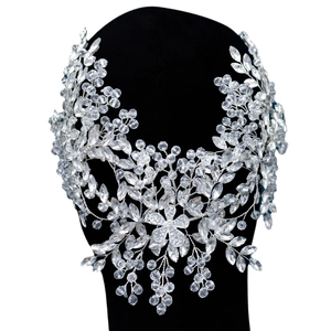 Exquisite silver bridal crown with handmade crystal flowers and rhinestones on black head