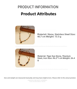 Detailed size and weight specs for tiger eye stone and stainless steel necklaces