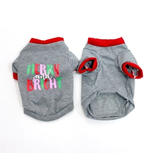 Detail view of grey Christmas dog hoodie with Merry and Bright print for small pets