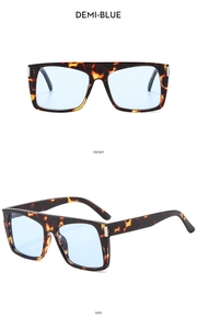 Front and side view of demi-blue square frame sunglasses with light blue lenses