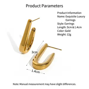Polished 18K gold stainless steel U-shaped hoop earrings measuring 3cm by 1.4cm