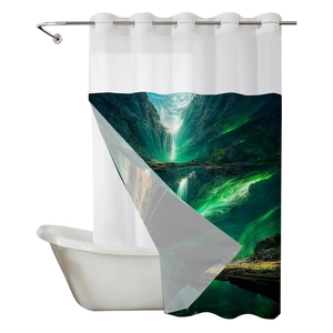 Waterproof waffle shower curtain with green nature landscape print and top metal rings