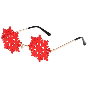 Creative red snowflake shaped rimless party sunglasses with gold metal frames and lenses