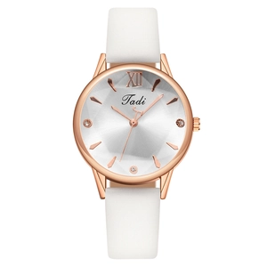 Fashion women's quartz watch with rose gold case, Roman numerals and white leather strap