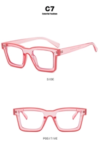 Detail view of transparent pink TR90 square glasses frames in front and side angles