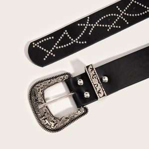 Trendy black punk leather belt with silver floral buckle and decorative metal rivets