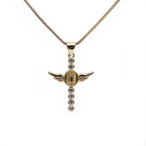 Gold plated cross necklace with angel wings and crystal details on a box chain