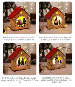 Detail of wooden LED Christmas house ornaments with warm lights and hanging strings
