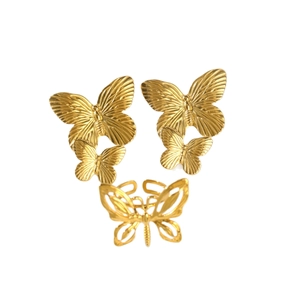French vintage style gold titanium steel jewelry set with butterfly ring and earrings