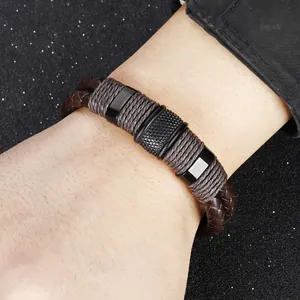 Men's vintage braided leather bracelet with double-layer steel cords and metal accents