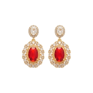 Elegant gold plated silver stud earrings with red oval zircon stones and white crystals
