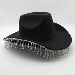 Detail of black western cowboy hat with sparkling silver rhinestone fringe on the brim