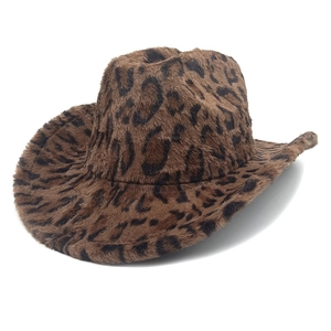 Détail du tissu en peluche à motif léopard et de la forme classique du chapeau de cow-boy