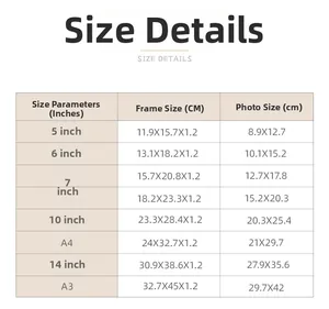 Detailed size guide table for solid wood photo frames from 5 inch to A3 dimensions