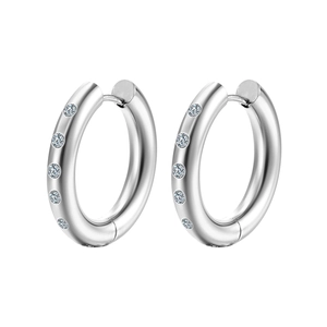 Polished silver stainless steel hoop earrings with sparkling diamonds on white background