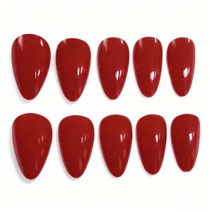 Glossy red almond press-on nails set with mirror finish on a clean white background