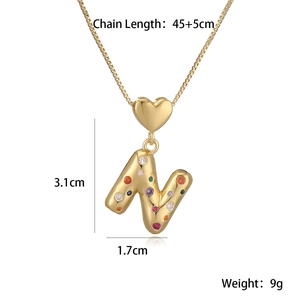 Polished 18K gold letter N pendant necklace with colorful zircons and heart clasp