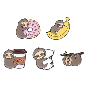 5-piece creative enamel pin set featuring cute cartoon sloths with donuts and coffee