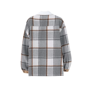 Detail of white pointed collar and camel corduroy cuffs on plaid shirt jacket