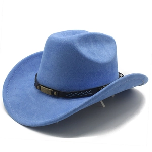 Close-up of light blue suede cowboy hat featuring V-shaped embroidery and bronze buckle