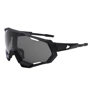 Men's cycling sunglasses with black matte frame and grey one-piece windproof lens
