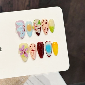 Handmade Press On Nails 3D Floral Relief Long Almond Gradient Star Polka Dot Artistic Style For Women