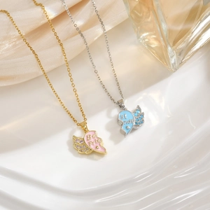 Close-up of gold and silver heart-shaped Best Friends necklaces with rhinestones
