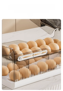 Close-up of clear egg organizer featuring a 31-day date tracking slider for freshness