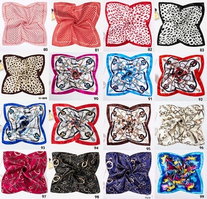 Collage of 50x50cm satin square scarves featuring polka dots and animal prints