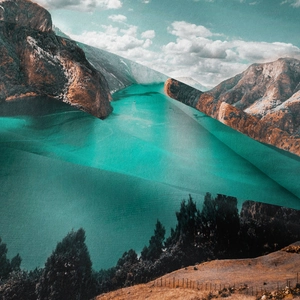 Böhmischer Wandteppich mit Hochgebirgssee-Landschaft auf hochwertigem Stoffbehang