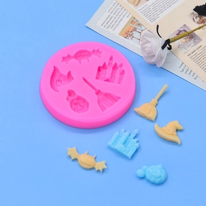 Pink silicone Halloween mold with pumpkin bat castle shapes for DIY cake baking and crafts