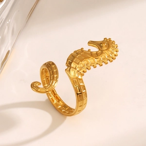 Golden sea horse open ring with detailed marine textures for beach vacation style