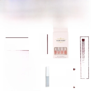 Detail of 24pcs pink French fake nails with rhinestones in a white window box packaging