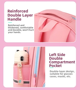 Reinforced double handles and side mesh pockets on a pink waterproof school backpack
