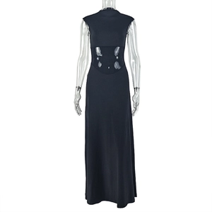 Detail view of the elegant back cutout design on this sleeveless black maxi dress