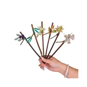 Bamboo style carbonized hair sticks with colored glass flowers and pearls for Hanfu style