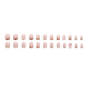 24pcs short square press-on nails with cute brown and white cat patterns on pink base