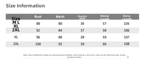Detailed size chart for long sleeve shirt dress with bust and waist measurements