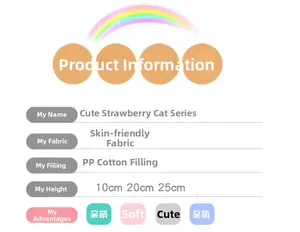 Size chart for cute strawberry cat plush toy made of soft skin-friendly fabric and PP cotton
