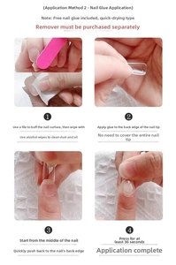 Detailed four-step guide for applying short press-on nails with glue and tools