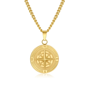 Gold stainless steel compass pendant necklace with curb chain on white background