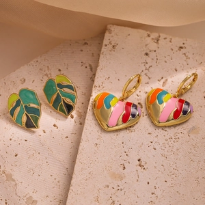 Stud Earrings Copper Gold Plated Enamel Oil Dripping Monstera Leaf Heart Chic Niche Colorful Jewelry For Women