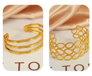 Detailed comparison of 18k gold plated bamboo cuff and hollow geometric open bracelet