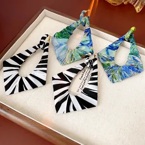 Geometric Fabric Wrapped Hoop Earrings With Silver Earring Post Irregular Rhombus Zebra Stripe Pattern Exaggerated Jewelry