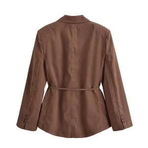 Rear view of brown textured blazer with matching thin waist belt and tailored details