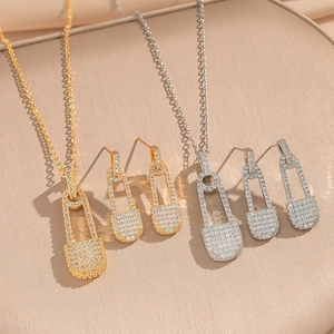 Safety Pin Paperclip Necklace And Earrings Jewelry Copper Pavé Cubic Zirconia Trendy Elegant Accessory Women