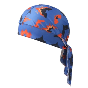 Halloween pirate headwrap with blue base, black bat prints and orange flames for cycling
